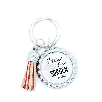 Key ring in a bottle cap - saying blow your worries away - pendant