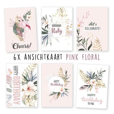 Kimago.nl -  Ansichtkaart -  6 stuks -  verjaardag -  floral pink