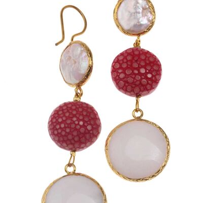 Rochenleder Ohrringe Flat Round,Rouge Red Polished,Pearl and Stone agate White coated with Brass Gold Plated 76mm