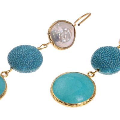 Rochenleder Ohrringe Flat Round,Peacock Blue Polished,Pearl and Stone agate coated with Brass Gold Plated 76mm