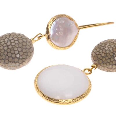 Rochenleder Ohrringe Flat Round,Gray Green Polished,Pearl and Stone Agate White coated with Brass Gold Plated 76mm