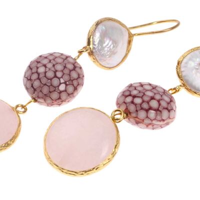 Rochenleder Ohrringe Flat Round,Ash Rose Polished,Pearl and Stone Agate coated with Brass Gold Plated 76mm