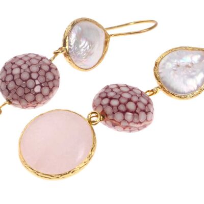 Rochenleder Ohrringe Flat Round,Ash Rose Polished,Pearl and Stone Agate coated with Brass Gold Plated 76mm