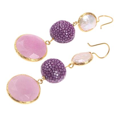 Rochenleder Ohrringe Flat Round,Amethyst Orchid Polished,Pearl and Stone Agate coated with Brass Gold Plated 76mm