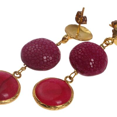 Rochenleder Ohrringe Flat Round,Fuschia Polished, Stone Agate coated with Brass Gold Plated 56mm