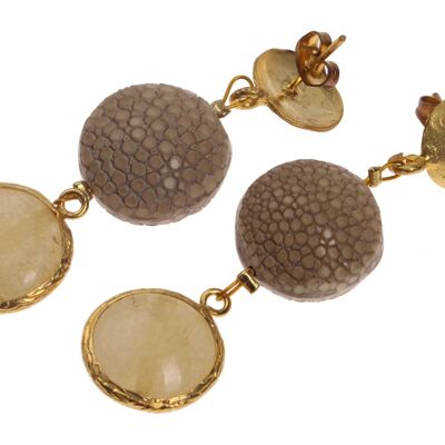 Rochenleder Ohrringe Flat Round,Beige Polished, Stone Agate coated with Brass Gold Plated 56mm