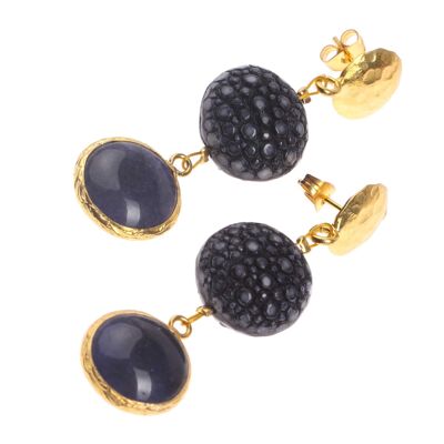 Rochenleder Ohrringe Flat Round,Navy Blue Polished, Stone Agate coated with Brass Gold Plated 56mm