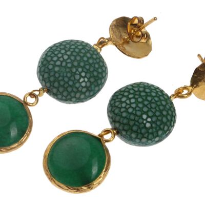 Rochenleder Ohrringe Flat Round,Emerald Polished, Stone Agate coated with Brass Gold Plated 56mm