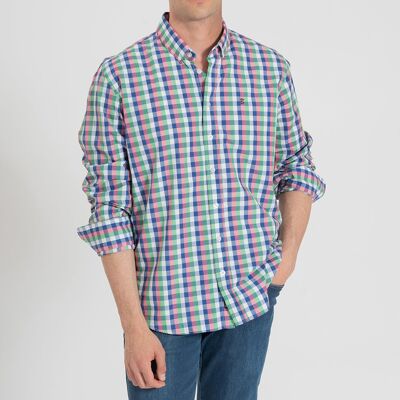 Chemise à carreaux bleu, vert et rose