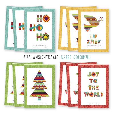 Kimago.nl – Wenskaarten set – Kerst colorful – 12 stuks (ansichtkaarten)