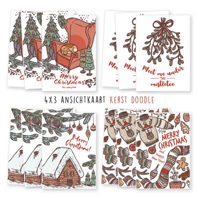 Kimago.nl – Wenskaarten set – Kerst doodle – 12 stuks (ansichtkaarten)