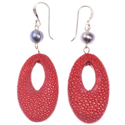 Ohrringe gefertigt aus Rochenleder Ohrringe Calar Drops 40mm,Strawberry Polished,Pearl Beads,925 Sterling Silver