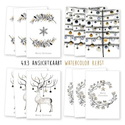 Kimago.nl – Wenskaarten set – Kerst watercolor – 12 stuks (ansichtkaarten)