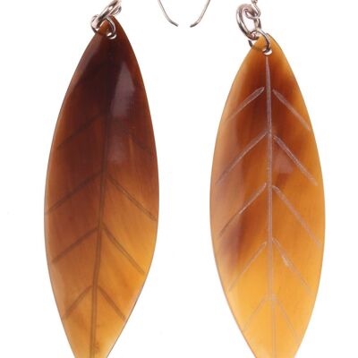 Ohrringe gefertigt aus Brown Horn, Leaf design Shiny 73x22mm,925 Sterling Silver