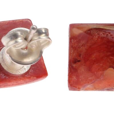 Red Coral Cabochon Cut Square10mm with Ear Studs Silver