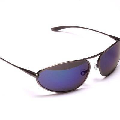 Exo – Sonnenbrille mit kontrastreichem Rahmen aus natürlichem Titan, schillernd blau, verspiegelt, grau