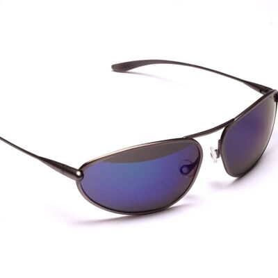Exo - Occhiali da sole con montatura in titanio naturale iridescente blu a specchio grigio ad alto contrasto