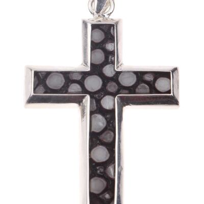 Kreuz Anhänger aus poliertem Rochenleder / Perlrochenbraun / 925 Sterling Silber / Cross 30x20mm