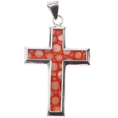 Kreuz Anhänger aus poliertem Rochenleder / Perlrochen orange  / 925 Sterling Silber / Cross 30x20mm