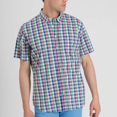 Blue, Green And Pink Checked Short Sleeve Shirt