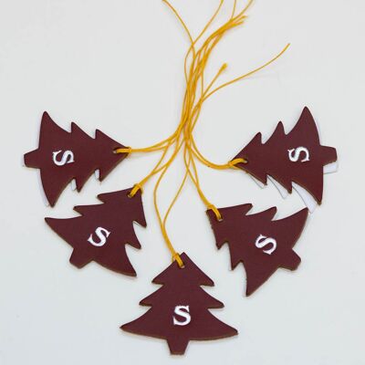 Leather Christmas Tree Tags with Embossed Initial - Red with silver initial