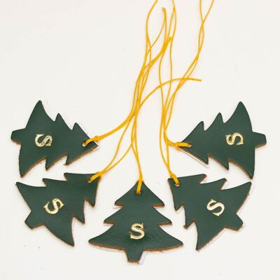 Leather Christmas Tree Tags with Embossed Initial - Green with gold initial