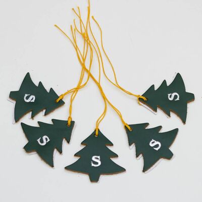 Leather Christmas Tree Tags with Embossed Initial - Green with silver initial