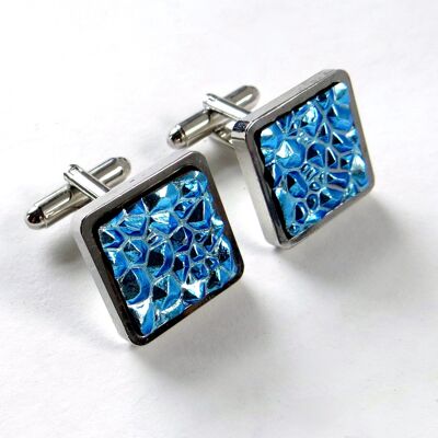 Pebble square dichroic glass cufflinks in silver blue / SKU131