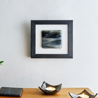 Fluid framed fused glass wall art - Black Blue/white / SKU314