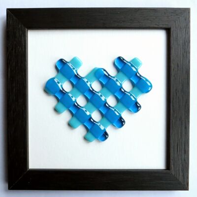 Fused glass heart framed picture - Light wood Blue / SKU323