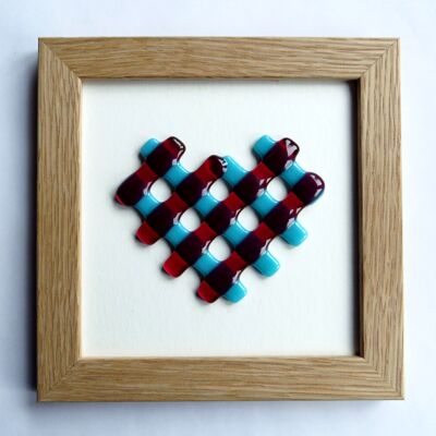Fused glass heart framed picture - Light wood Pink/blue / SKU324