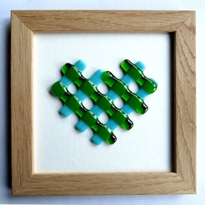 Fused glass heart framed picture - Light wood Green/blue / SKU325