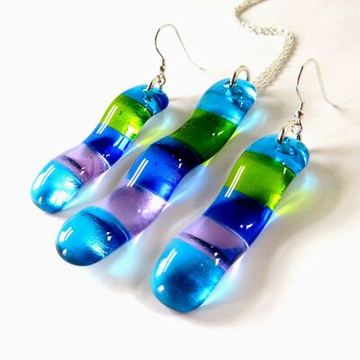 Riva wave fused glass necklace and earring set - 16" sterling silver chain Heather Earwires / SKU342