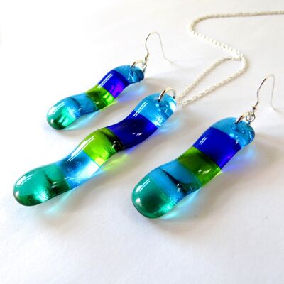 Riva wave fused glass necklace and earring set - 16" sterling silver chain River Earwires / SKU346