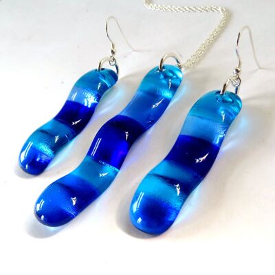 Riva wave fused glass necklace and earring set - 20" sterling silver chain Water Earwires / SKU364