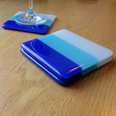 Deco fused glass coasters - design 1 - Blue/white Single coaster / SKU592