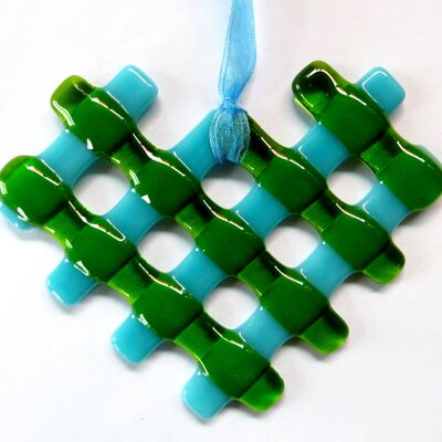 Lattice heart fused glass hanging - Green/turquoise / SKU601
