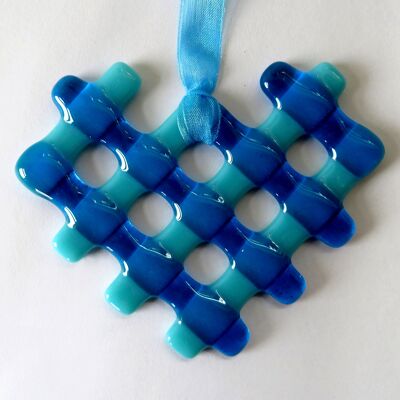 Lattice heart fused glass hanging - Blue / SKU602