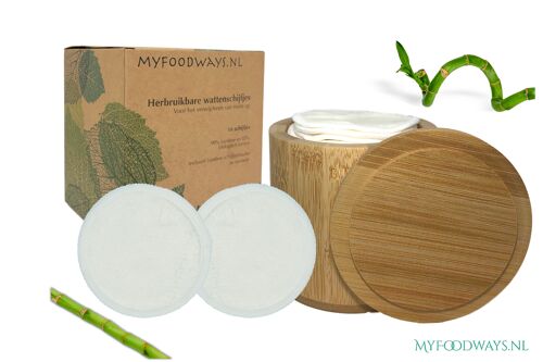 16 Reusable make up pads with holder - Bamboo - White
