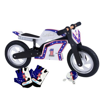 Bicicleta sin pedales Evel Knievel, timbre y guantes