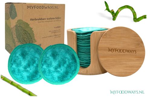 16 Reusable make up pads with holder - Bamboo - Aqua