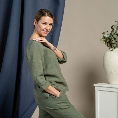 100% Linen Blouse Top – NORA Stone Green