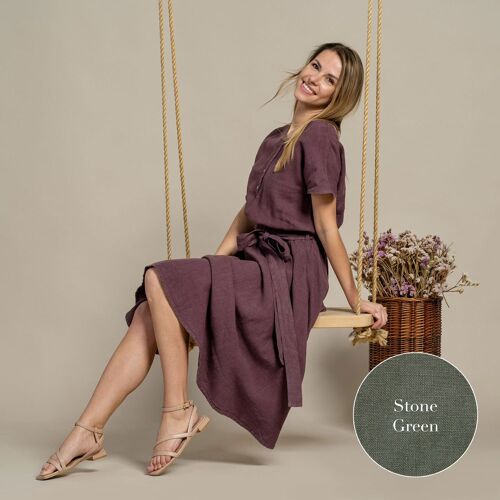 Organic 100% Linen Button Front Dress – BRIGIT Stone Green