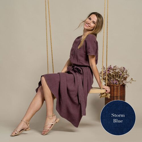 Organic 100% Linen Button Front Dress – BRIGIT Storm Blue