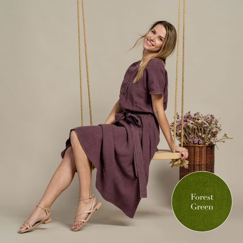 Organic 100% Linen Button Front Dress – BRIGIT Forest Green