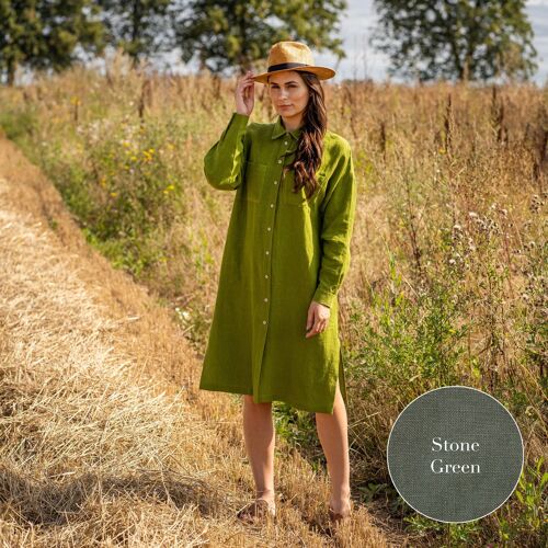 Organic 100% Linen Collared Dress – MARGO Stone Green