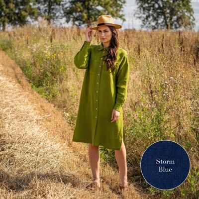 Organic 100% Linen Collared Dress – MARGO Storm Blue