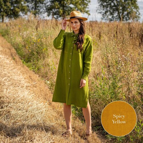 Organic 100% Linen Collared Dress – MARGO Spicy Yellow