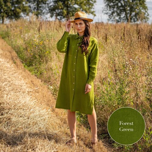 Organic 100% Linen Collared Dress – MARGO Forest Green