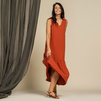 Organic 100% Linen Dress with Ruffle – AURORA Cinnamon Red
